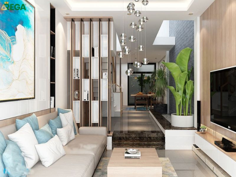 Background phòng khách với vách ngăn trang trí