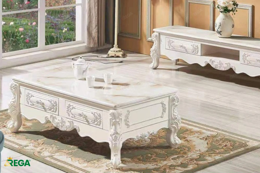 Bàn Trà Tân Cổ Điển Mặt Đá Marble Chân Gỗ Sồi Tự Nhiên