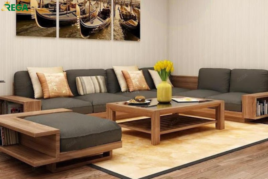 Mẫu 2: Sofa Giường Chữ L Gỗ Óc Chó Đa Năng