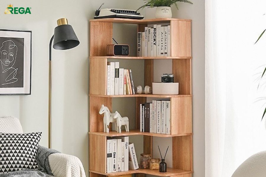 Kệ góc đa năng tích hợp giá sách và kệ trang trí
