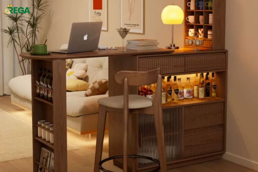 Quầy Bar Mini Gỗ Tràm Bông Vàng Phong Cách Vintage