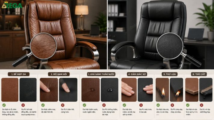 So sánh ghế giám đốc da thật và da PU - Loại nào đáng mua? Đặt hai dòng ghế cạnh nhau để thấy rõ những điểm khác biệt