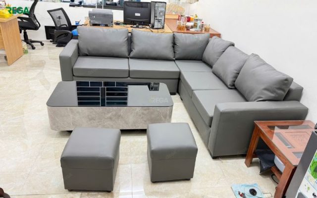 Rega thi công nội thất văn phòng công ty KGS Bàn giám đốc kết hợp sofa xám văn phòng KGS do Rega thi công